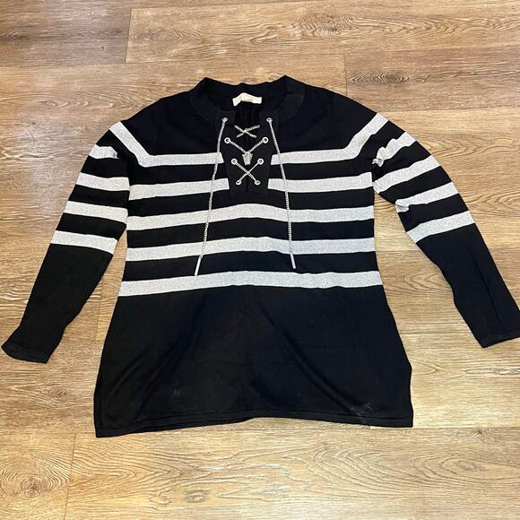Michael Kors Black/Silver Striped Sweater w Chain Detailing – Size Medium - Picture 6 of 6